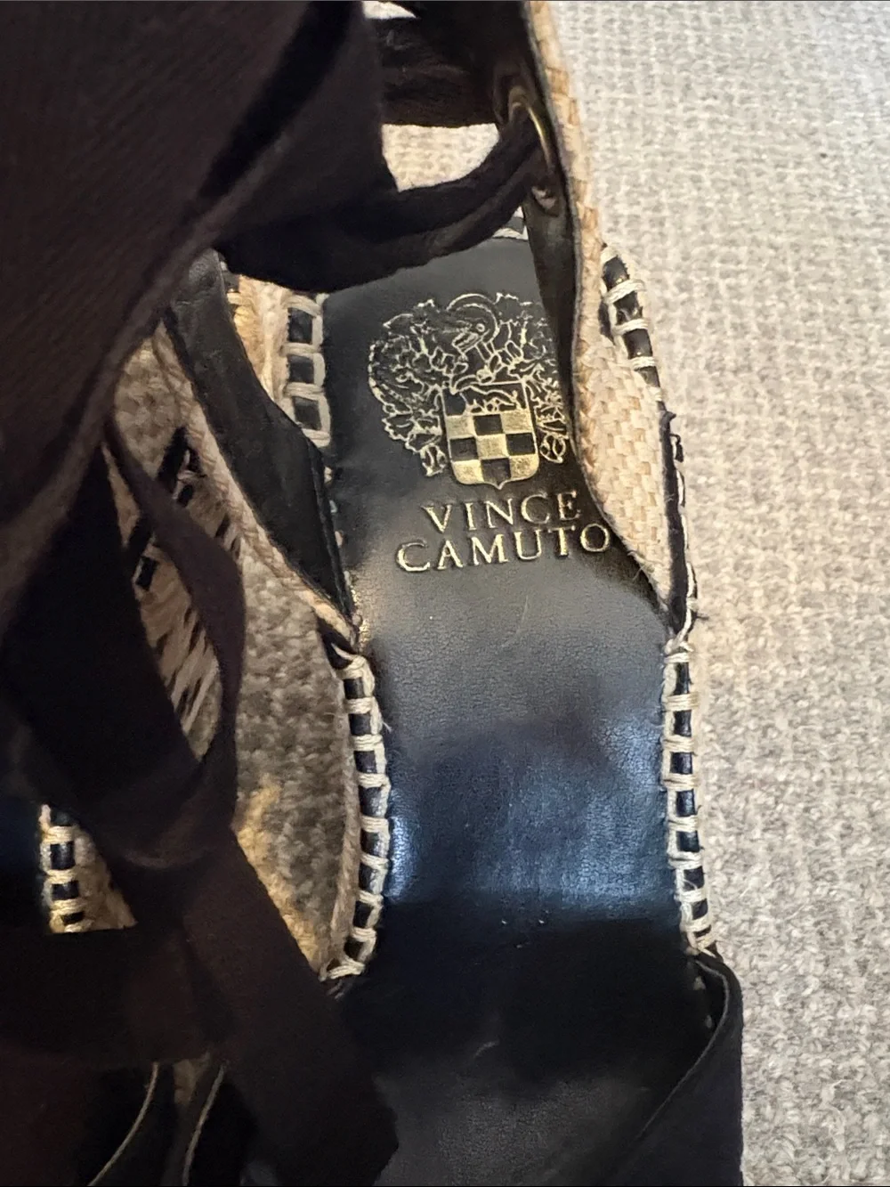 Vince Camuto- Black and Tan Woven Espadrille Wedge Sandals Ankle Ties size 6 1/2